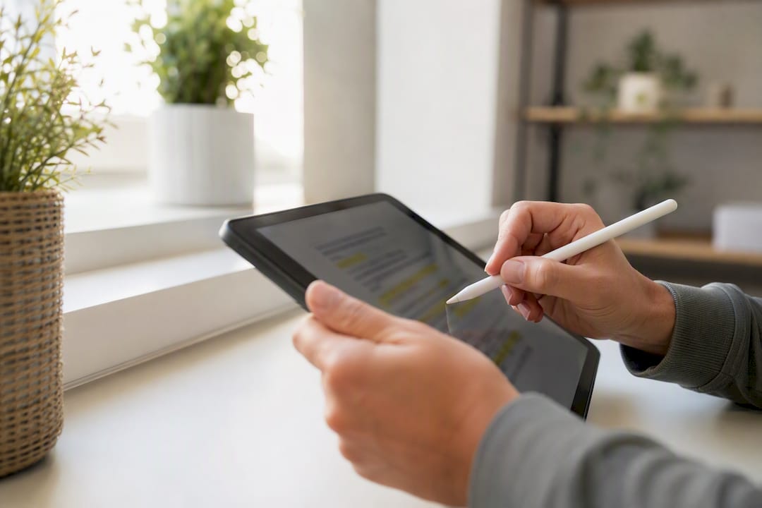 Hand, die Schlüsselwörter auf dem Tablet-Bildschirm markiert