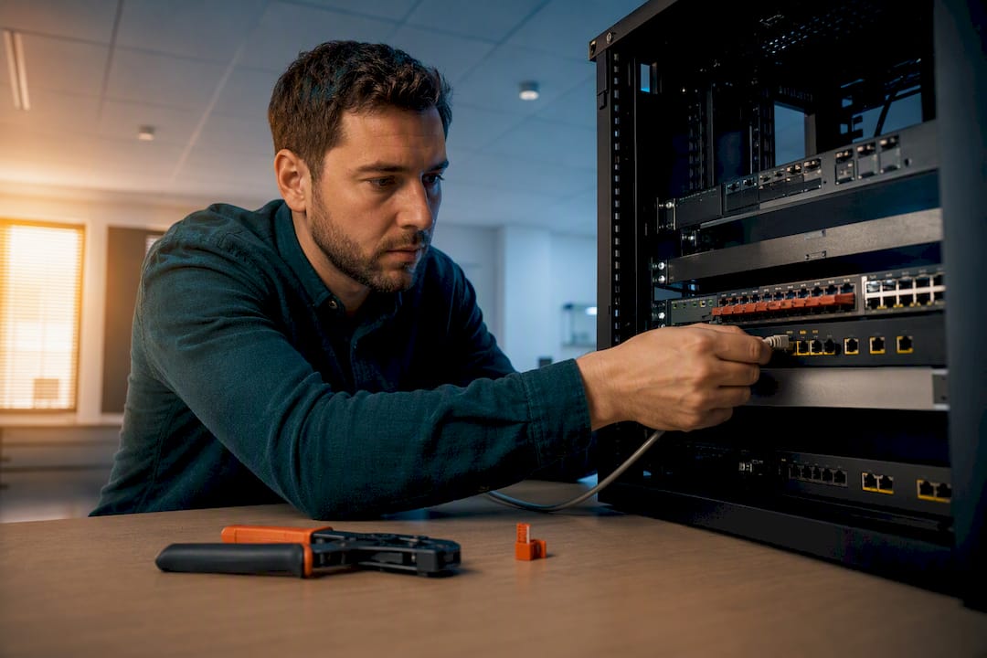 Erwachsene arbeitet an einem IT-Trainingsrack