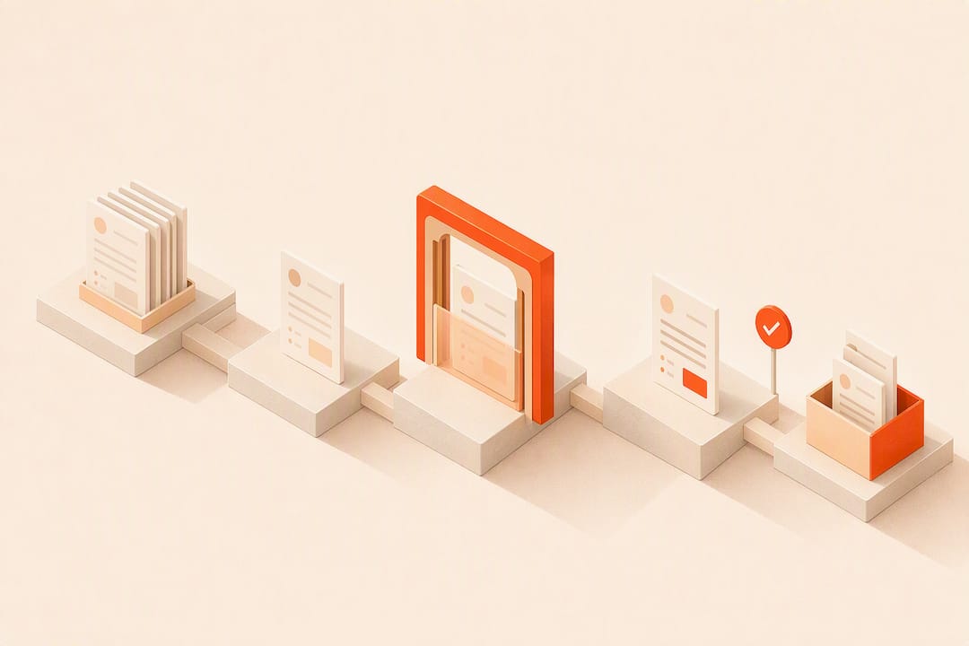 Five-stage automated application workflow illustration