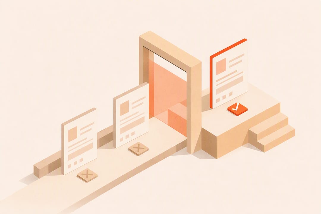 Isometric job application cards passing a scan gate