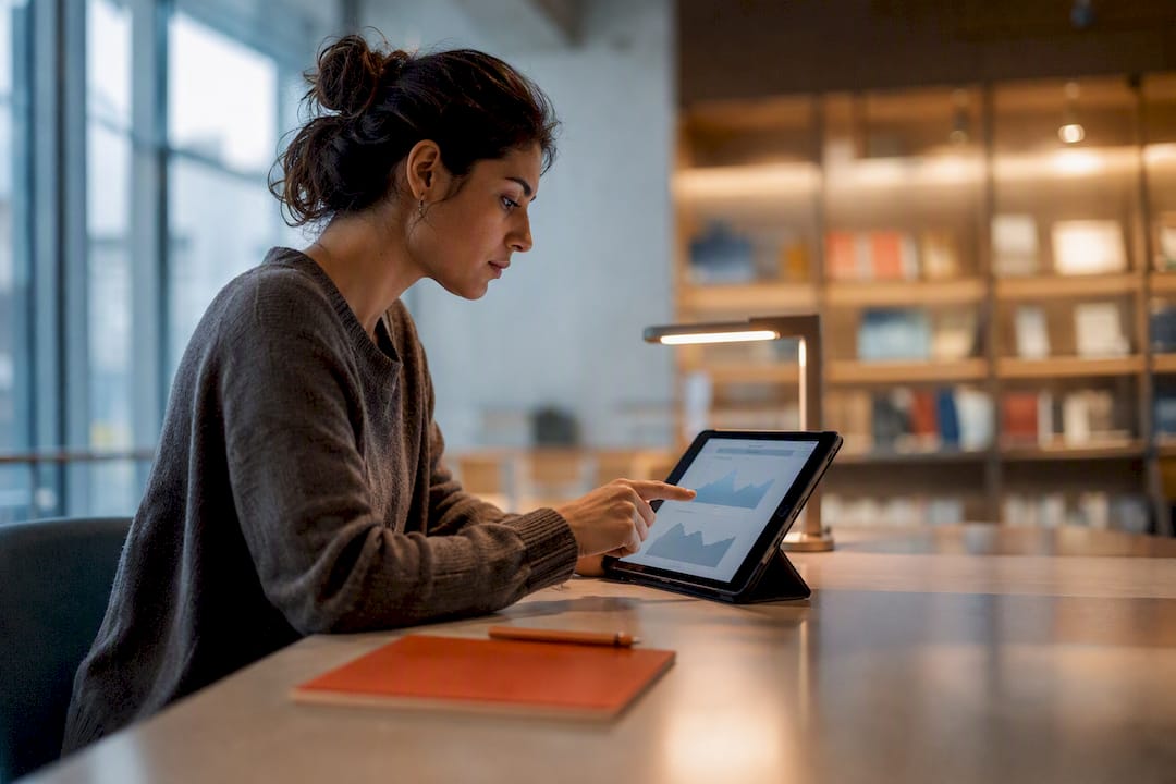 Bewerberin vergleicht Gehälter auf dem Tablet