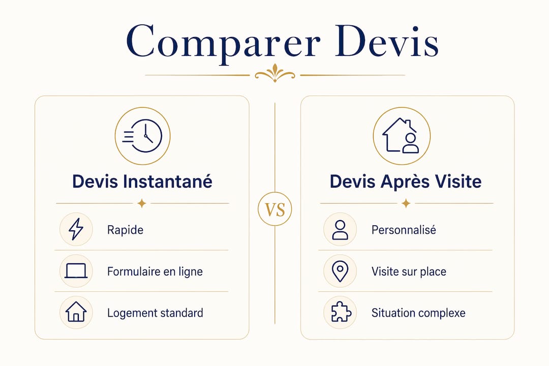 Infographie : comparaison entre un devis ménage immédiat en ligne et un devis établi après une visite à domicile