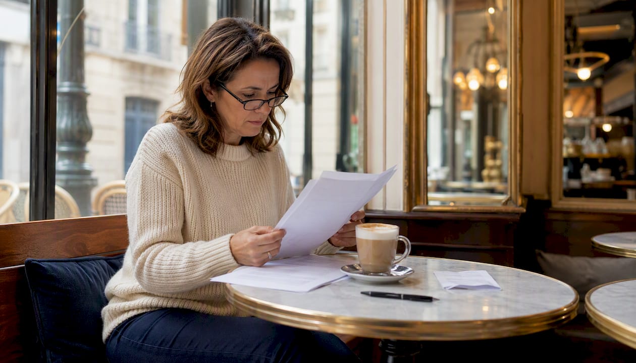 Une femme consulte attentivement ses papiers pour vérifier son éligibilité au crédit d’impôt.
