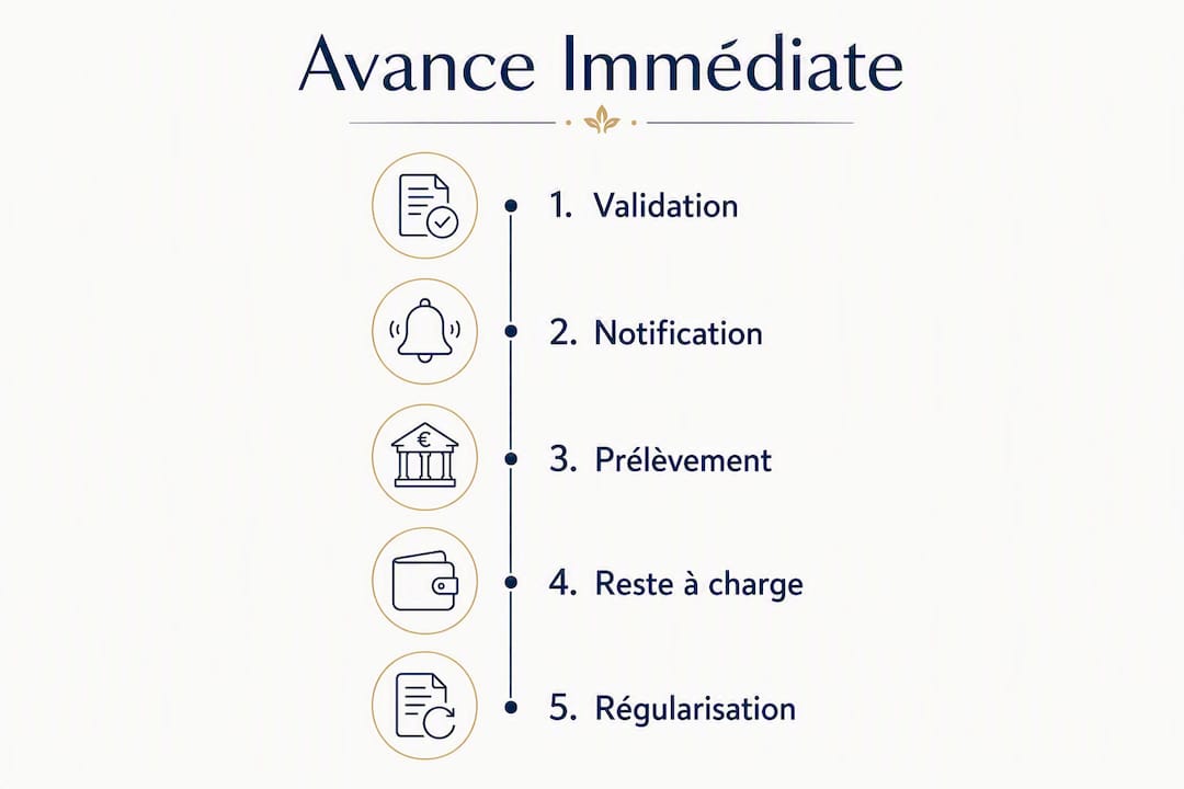 Schéma explicatif des différentes étapes pour bénéficier de l’avance immédiate