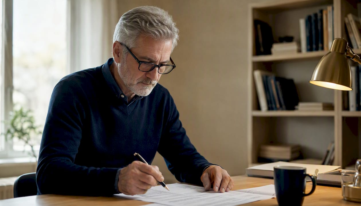 Un senior en train de remplir sa déclaration de revenus depuis son bureau à domicile.