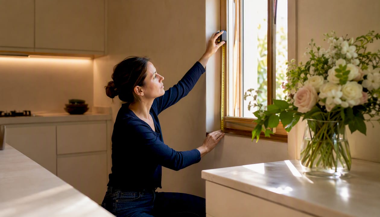 Une femme prend les mesures de sa fenêtre avant d’installer une moustiquaire.