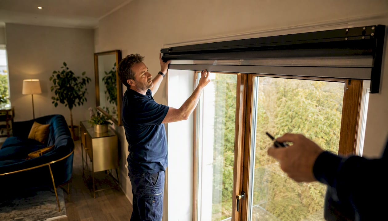 Installation d’une moustiquaire enroulable sur une fenêtre par un homme