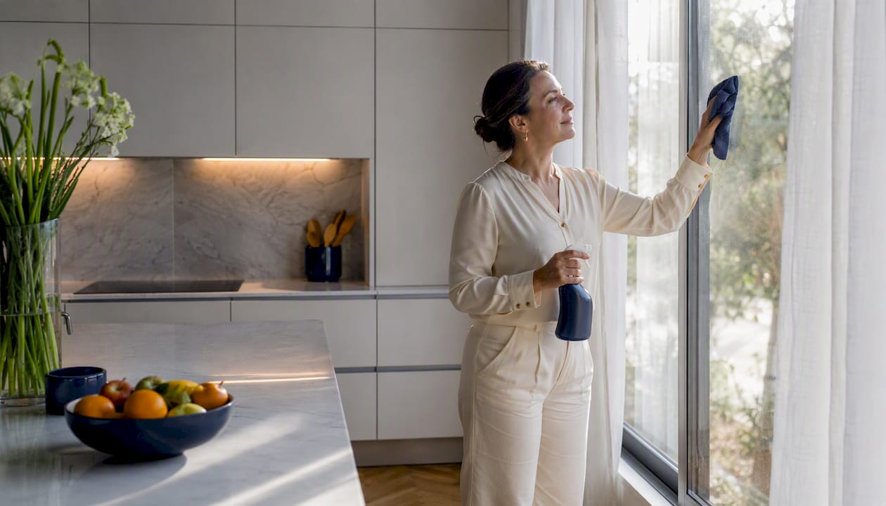Une femme en train de nettoyer les vitres à l'intérieur de sa maison.