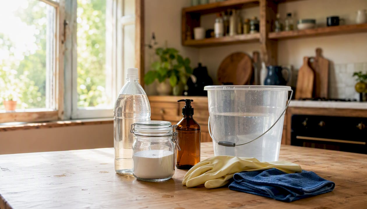 Des produits ménagers naturels et leurs accessoires sont disposés sur la table, prêts à l’emploi.