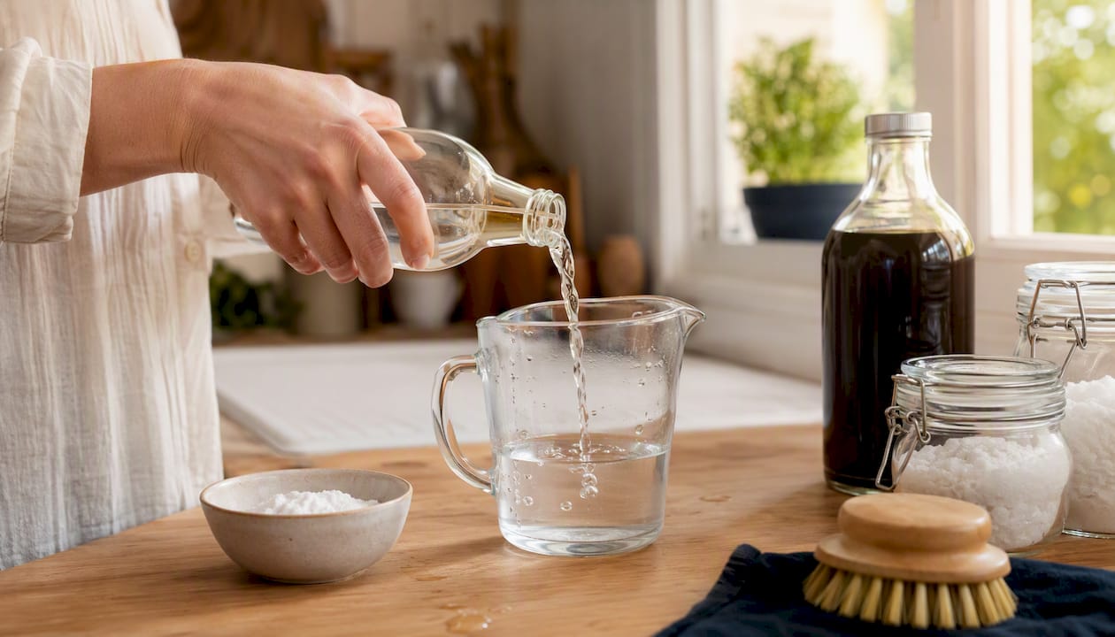 Dosage du vinaigre à la main pour préparer un nettoyant maison
