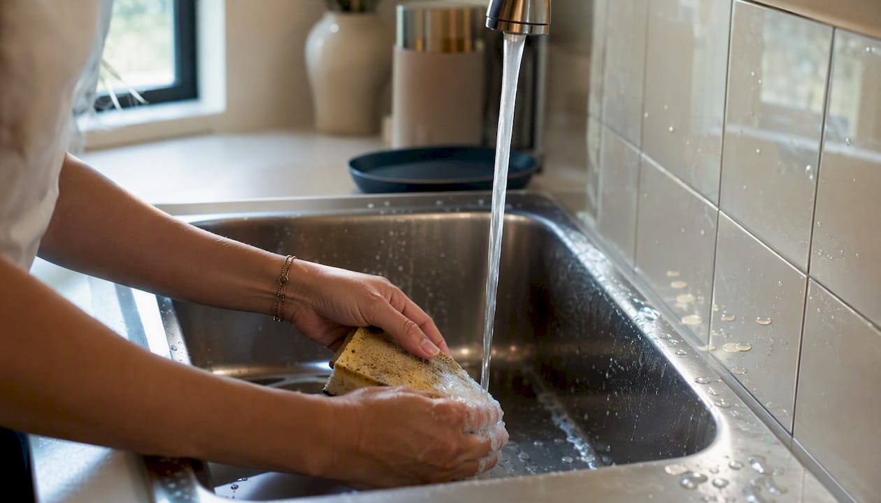 Des mains en train de frotter l’évier de la cuisine et les carreaux de la salle de bain.
