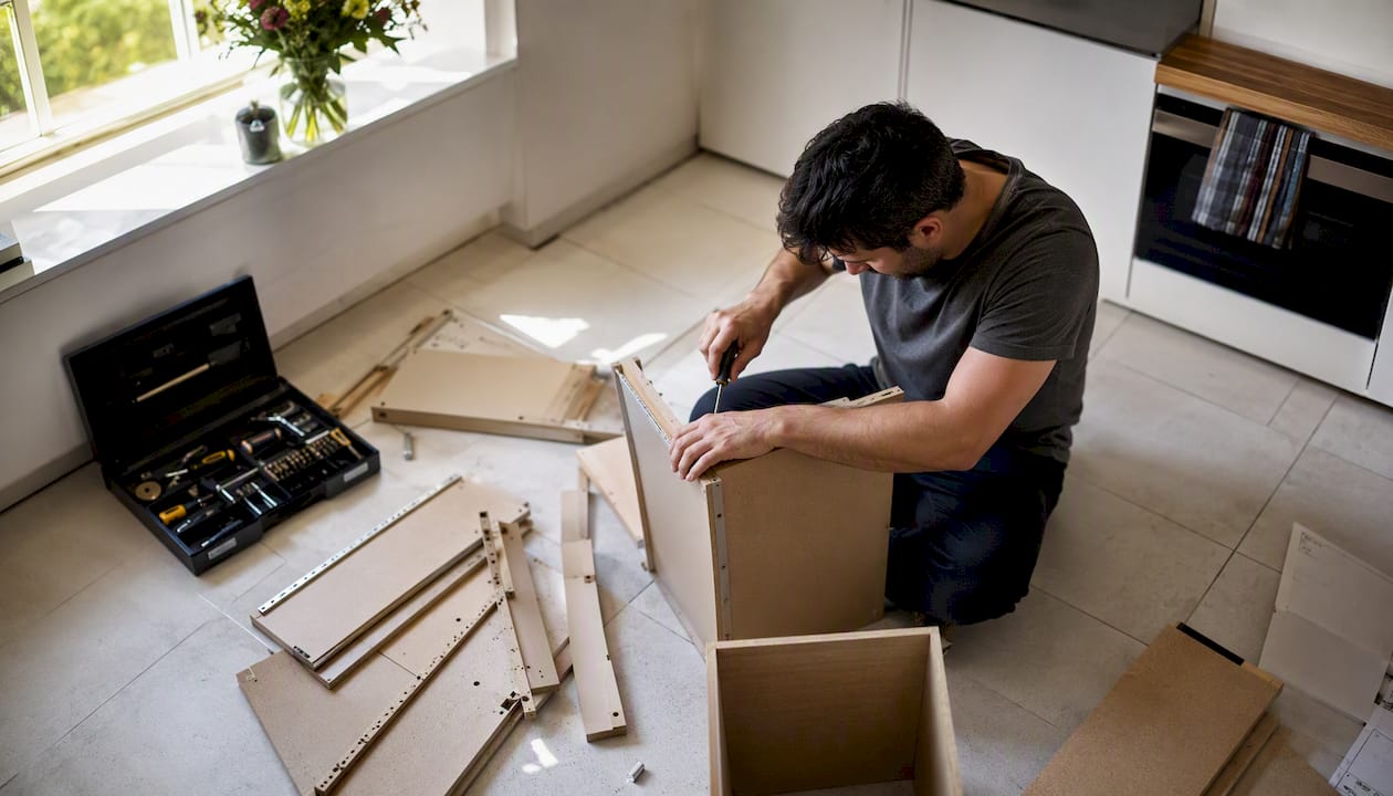 Une personne en train de monter une étagère IKEA, fixant l’un des panneaux.