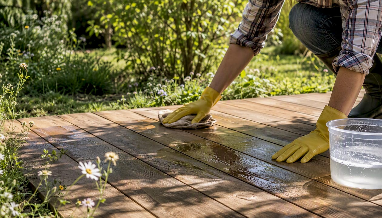 Nettoyage manuel de la terrasse en bois à l’aide d’un chiffon