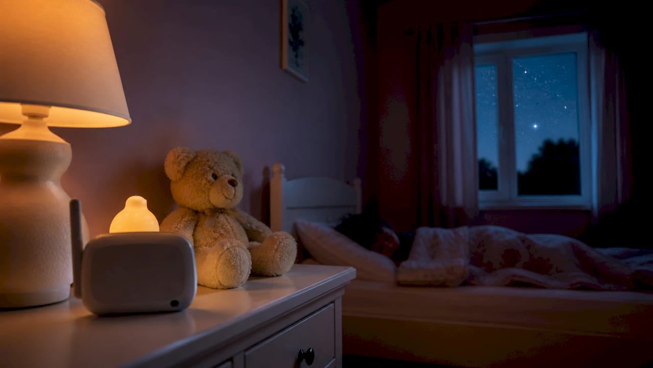 Chambre d’enfant paisible plongée dans la douceur de la nuit, éclairée par une veilleuse et surveillée par un babyphone.