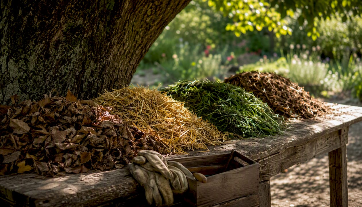 Présentation de différents types de paillis naturels disposés sur une table de jardin
