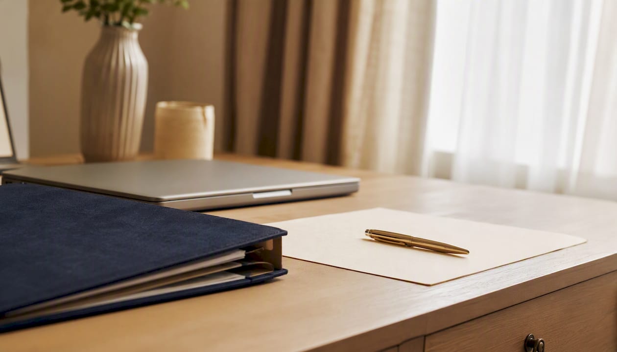 Bureau à la maison avec ordinateur portable et papiers fiscaux étalés.