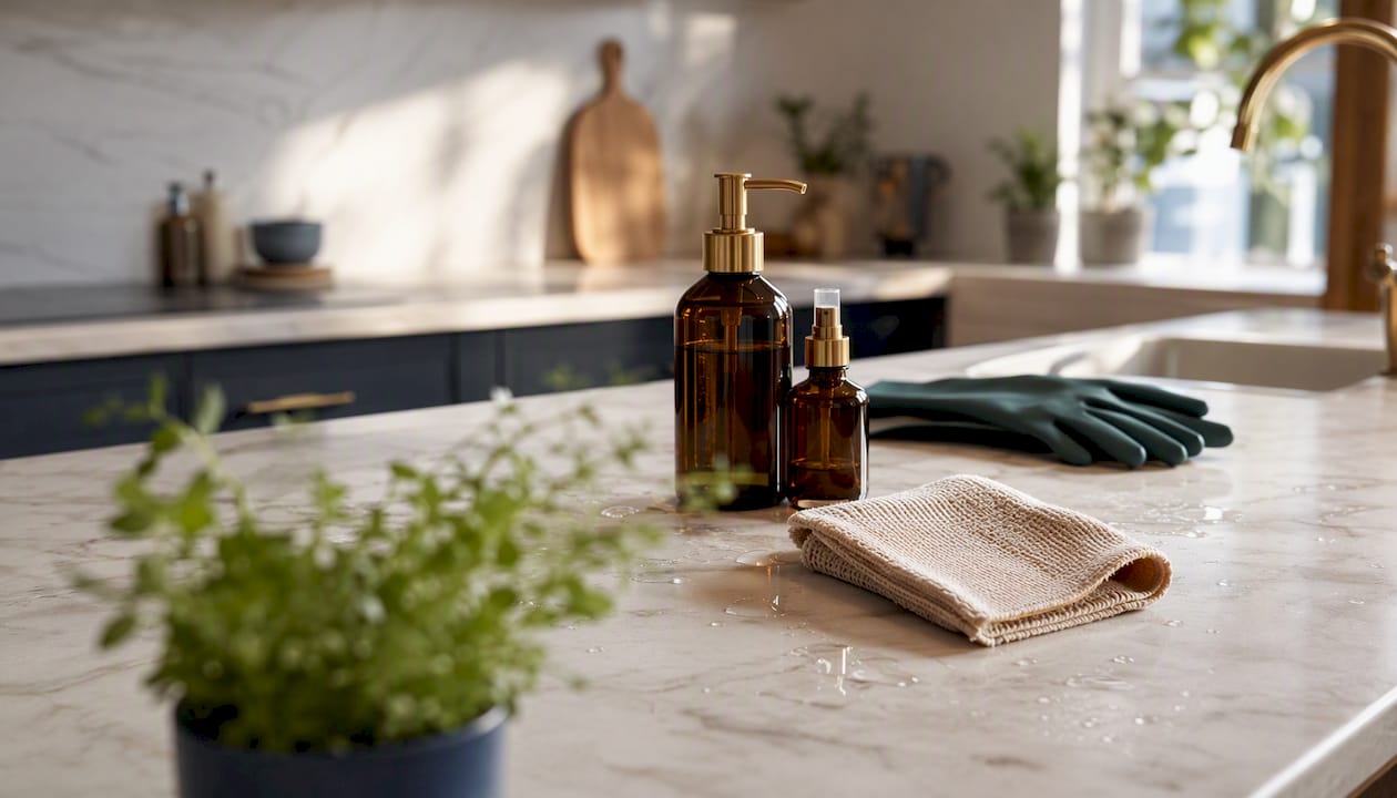 Des produits ménagers naturels posés sur le plan de travail de la cuisine