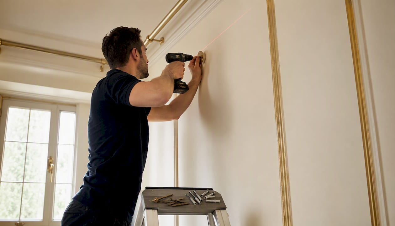 Pose d’une barre à rideaux au mur