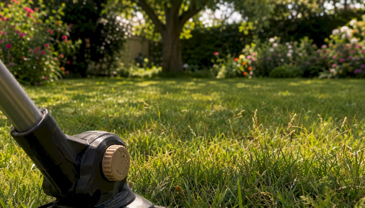 Pelouse d’été laissée un peu plus haute, avec les détails de la tondeuse visible au premier plan.
