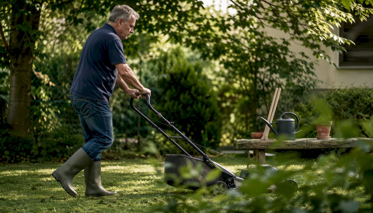 Un jardinier s'occupe de tondre la pelouse dans un jardin fleuri au printemps.