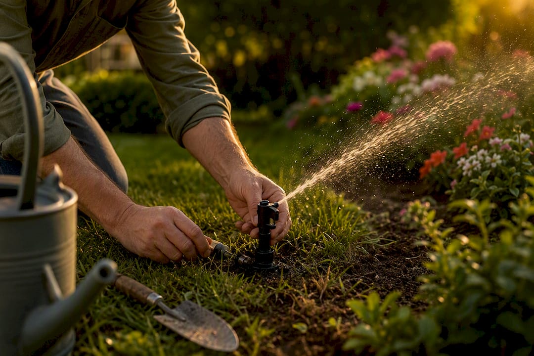 Au petit matin, des mains s'activent pour arroser la pelouse du jardin à l'aide d'un arroseur automatique.