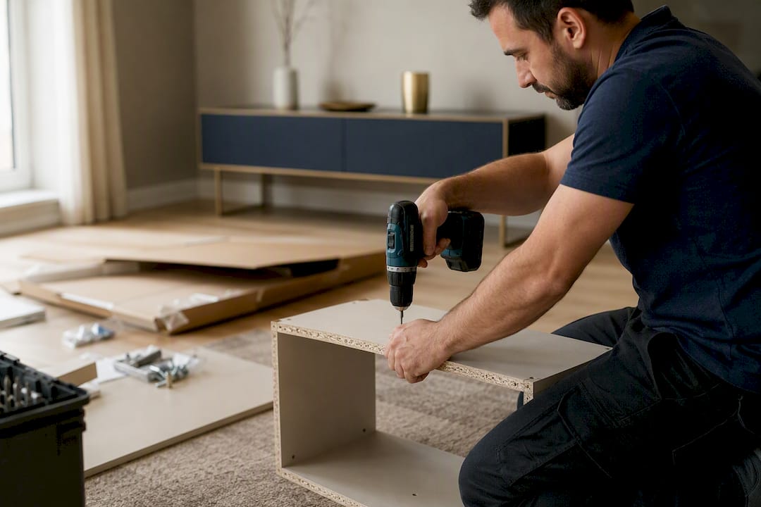 Des mains en train de monter une structure en bois pour un meuble