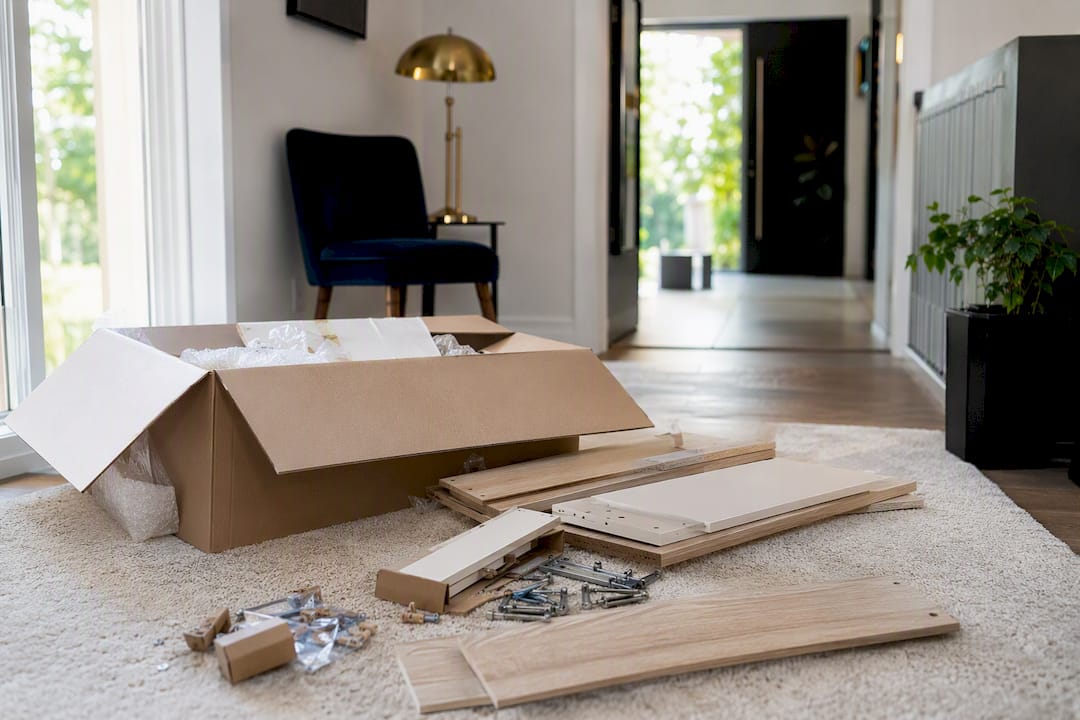 Les différentes pièces du meuble en kit sorties de leur emballage à la maison