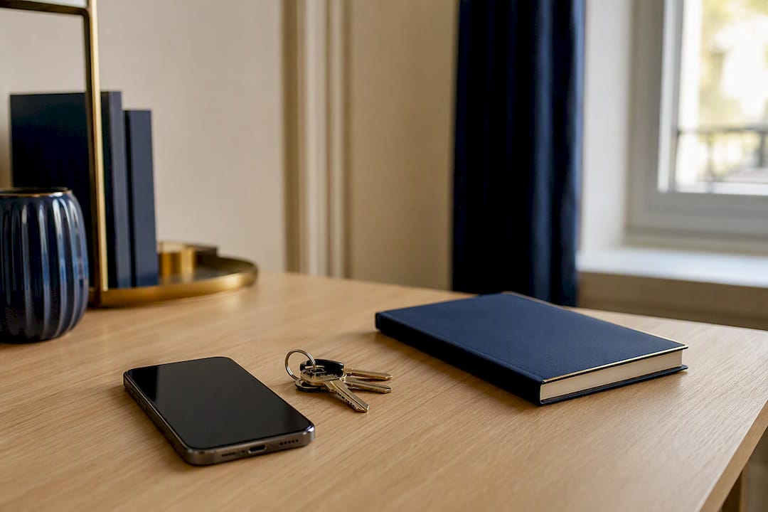 Un smartphone et un trousseau de clés soigneusement posés sur un bureau bien rangé à la maison.