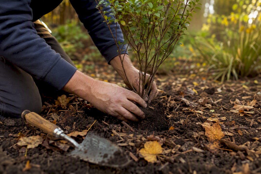 Mains plantant un arbuste dans la terre d'automne du jardin