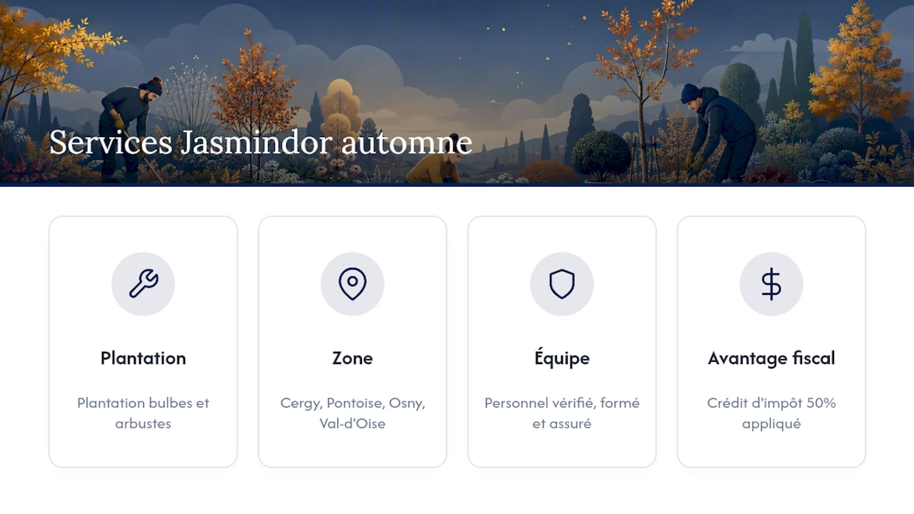 Jasmindor s'occupe de vos plantations d'automne pendant que vous gardez vos week-ends — overview diagram