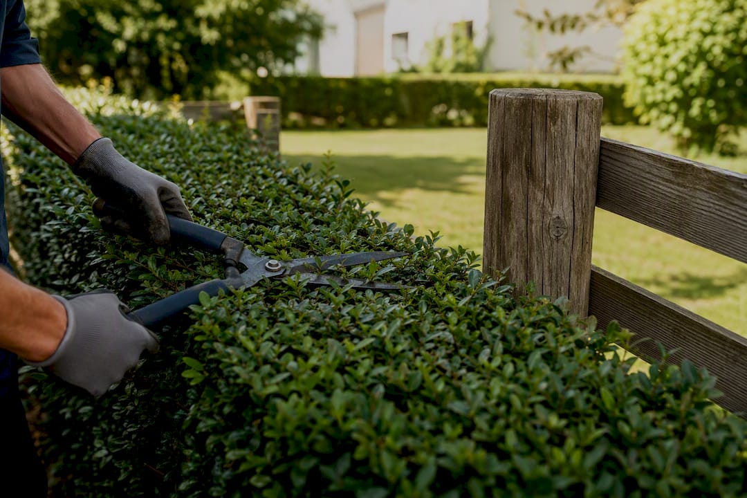 Jardinier taillant la haie à la limite de la propriété