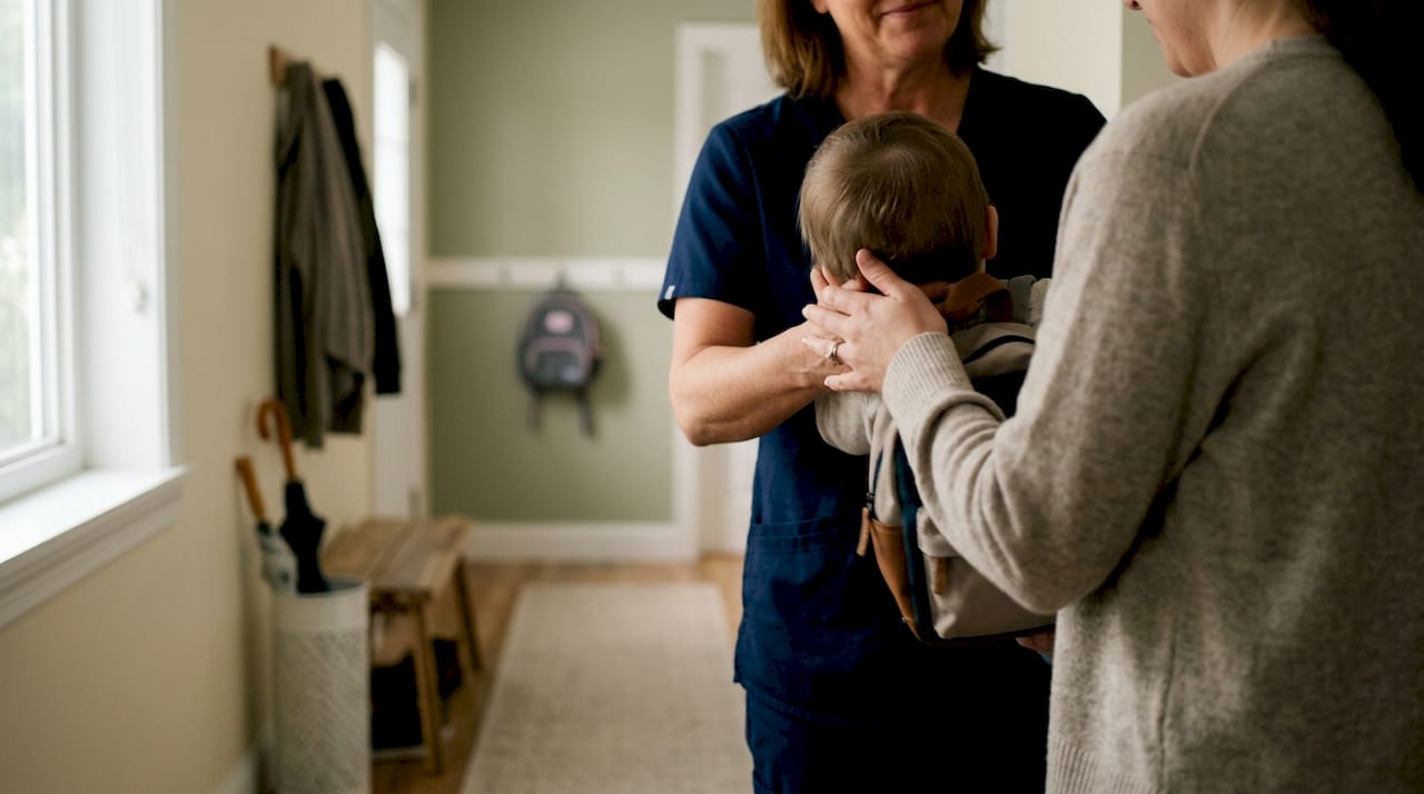 Un parent confie son enfant à l'assistant(e) à l'entrée de la maison