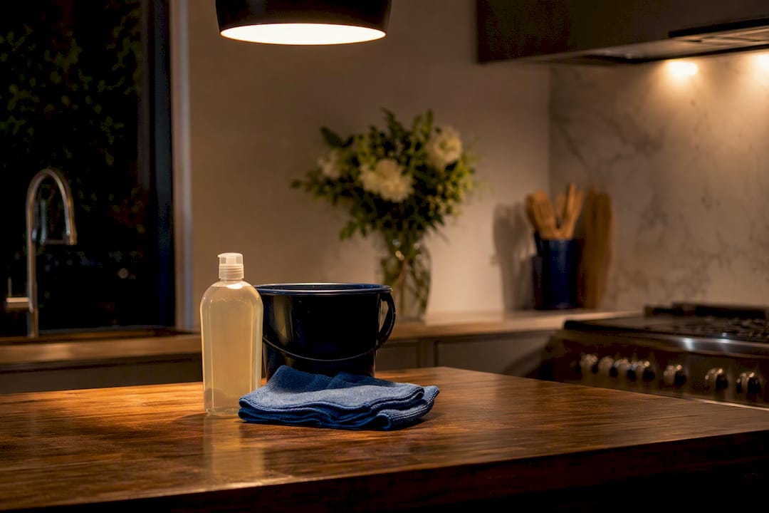Produits de nettoyage pour la maison posés sur le plan de travail de la cuisine en soirée