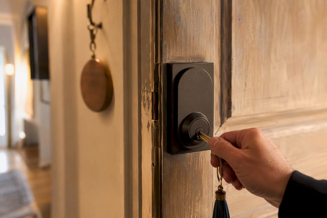 Main en train d'insérer une clé dans la serrure de la porte d'entrée