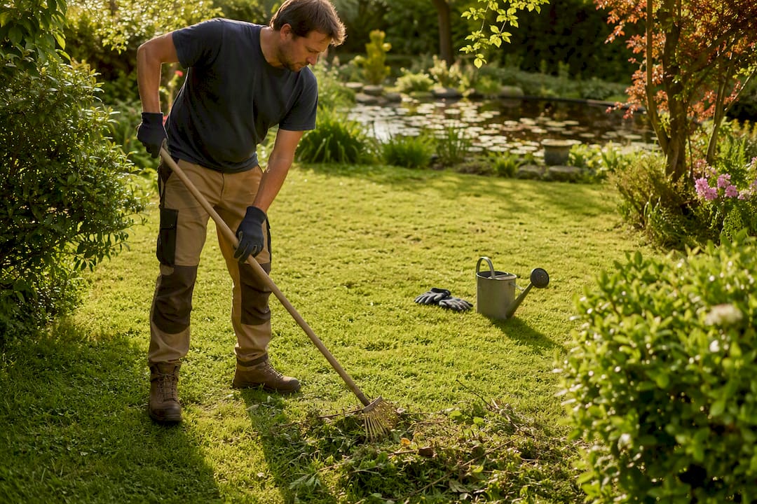 Ouvrier ratissant un tas de déchets verts de jardin