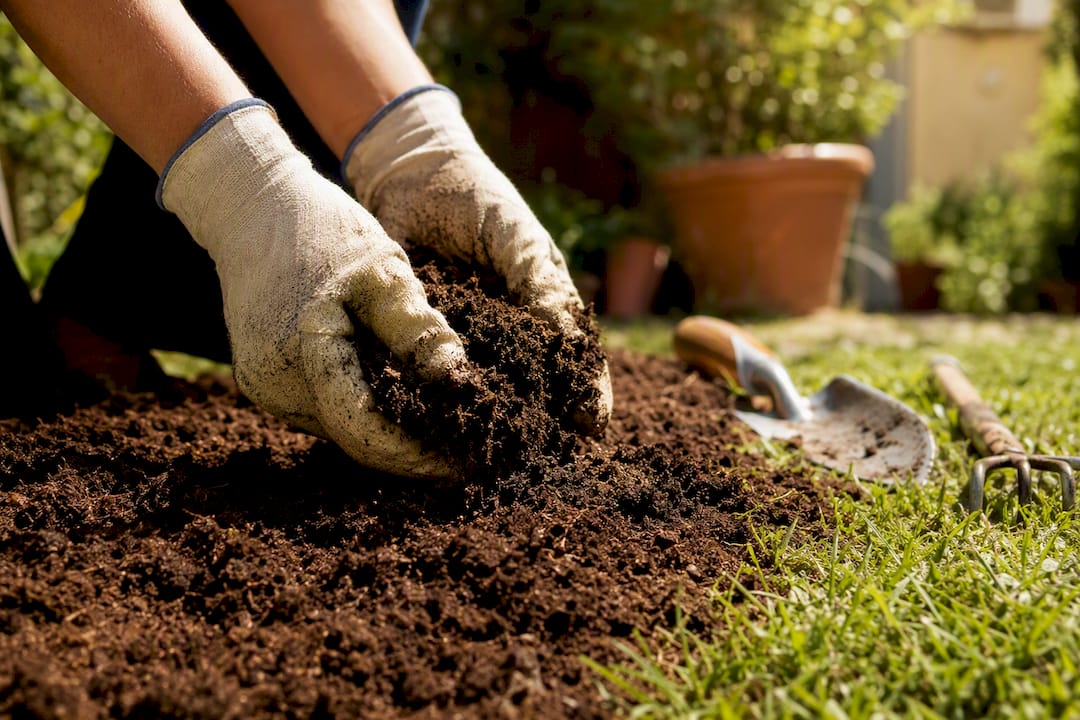 Mains étalant des tontes de gazon pour paillage