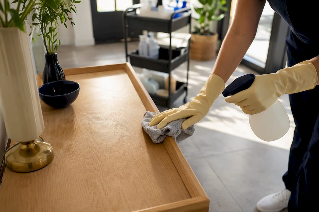 Mains essuyant les meubles avec un spray nettoyant