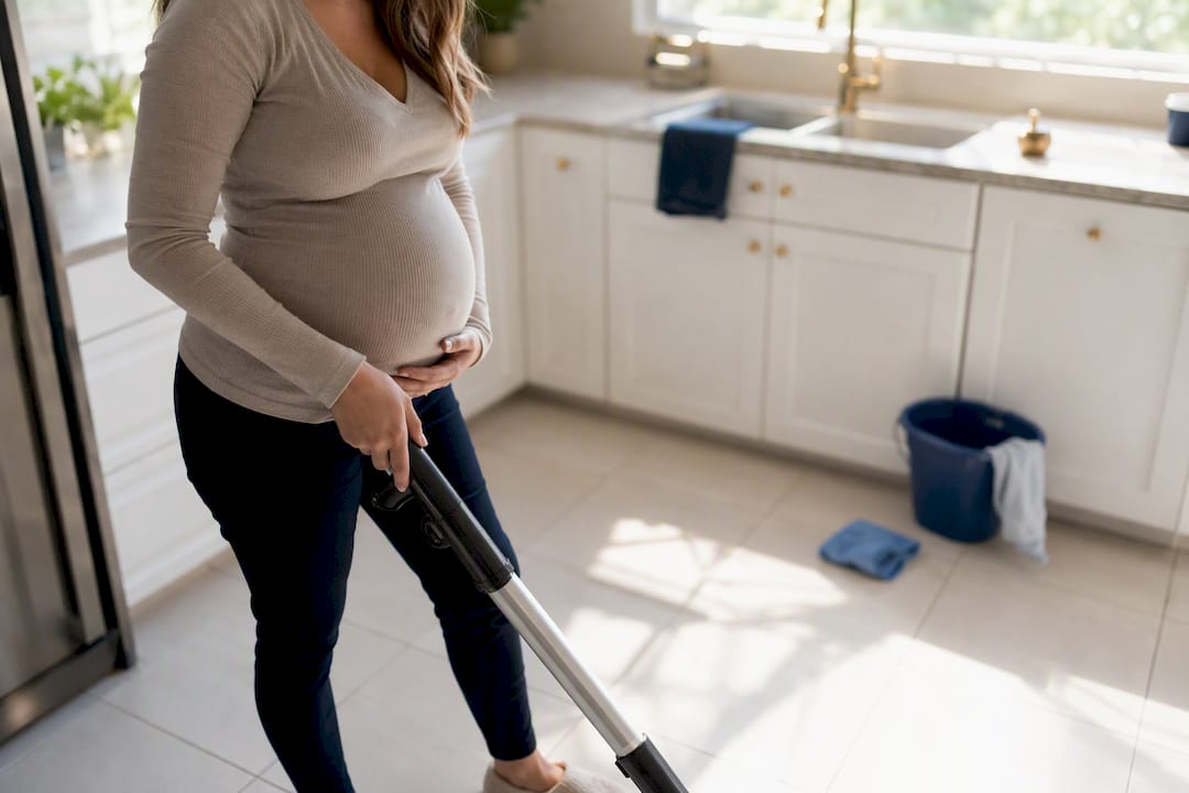 Femme enceinte passant l'aspirateur avec précaution à la maison