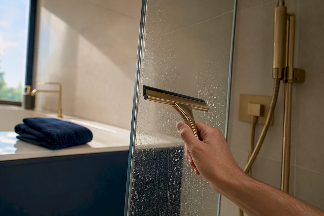 Détartrage d'une douche avec une raclette