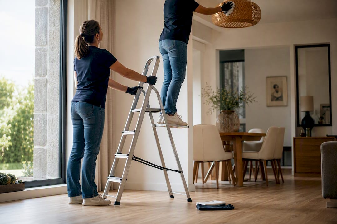 Escabeau sécurisé pour nettoyer un luminaire