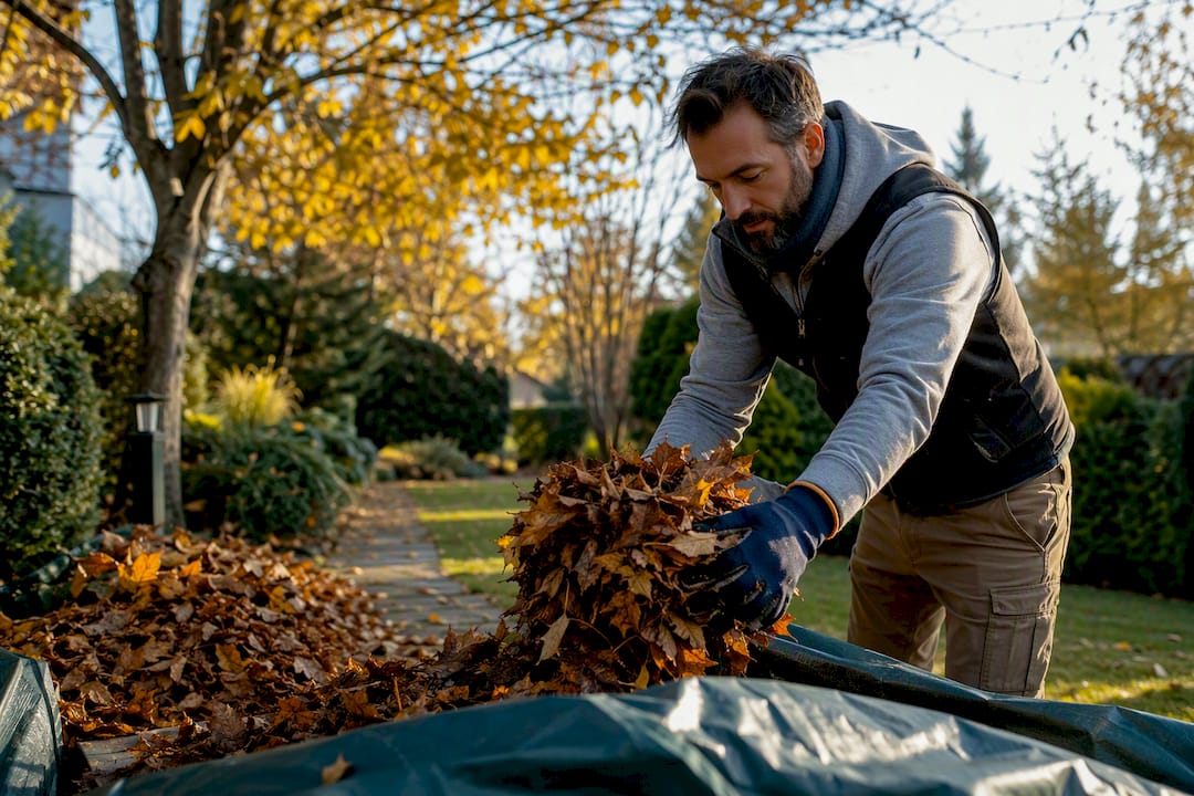 Personne ramassant des feuilles mortes dans le jardin
