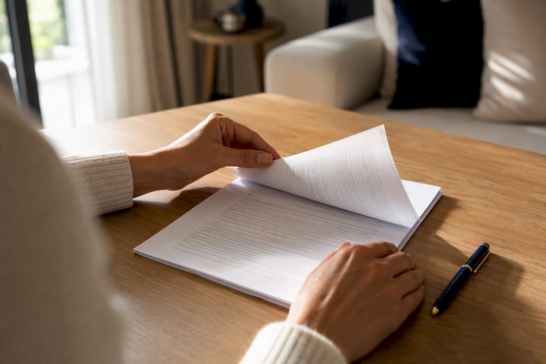 Des mains qui relisent un contrat de ménage à domicile