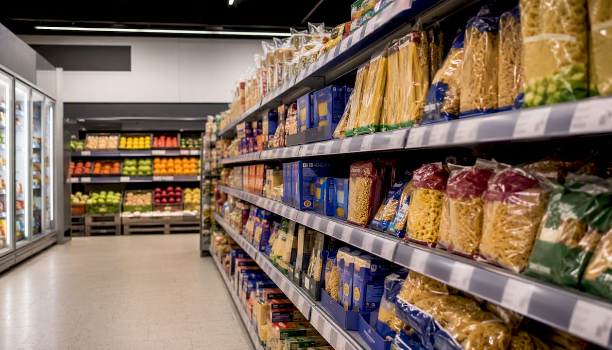 Corsia del supermercato discount con scaffali pieni di prodotti alimentari