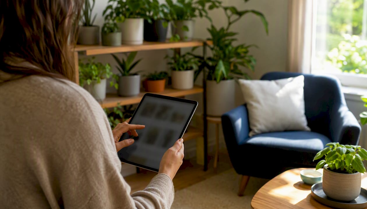 Una mano sfoglia offerte per il giardinaggio su un tablet, circondata da piante.