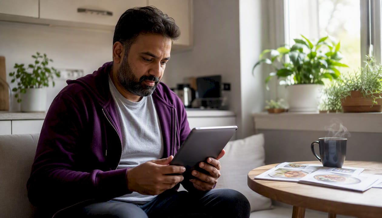 Man checking budget app on tablet at home