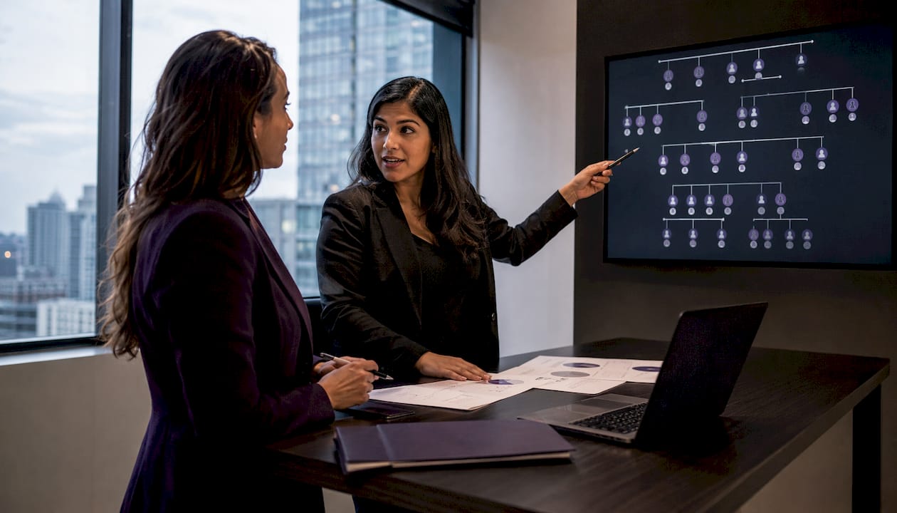 Zwei Frauen unterhalten sich über die Möglichkeiten der CRM-Genealogie und tauschen Erfahrungen zu verschiedenen Funktionen aus.