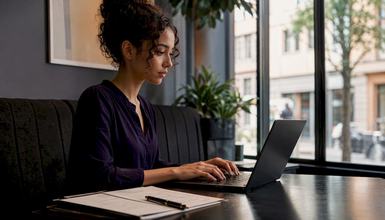 Im heimischen Arbeitszimmer tippen Hände auf einer Laptop-Tastatur.