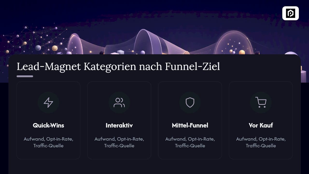 Diagramm, das Lead-Magnet-Kategorien nach Funnel-Stufe und wichtigen Kennzahlen zeigt