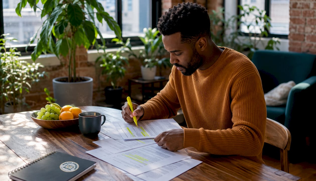 Man reviewing printed remote job listings at home