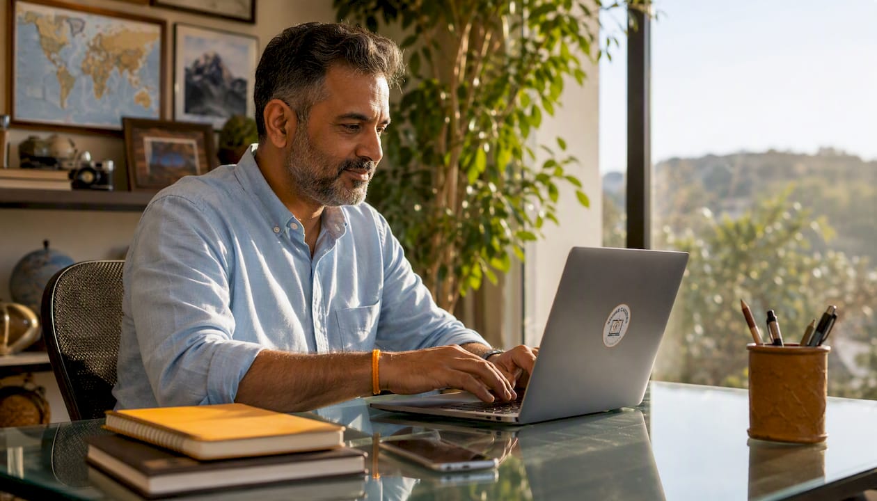 Man typing on laptop in home office with notes